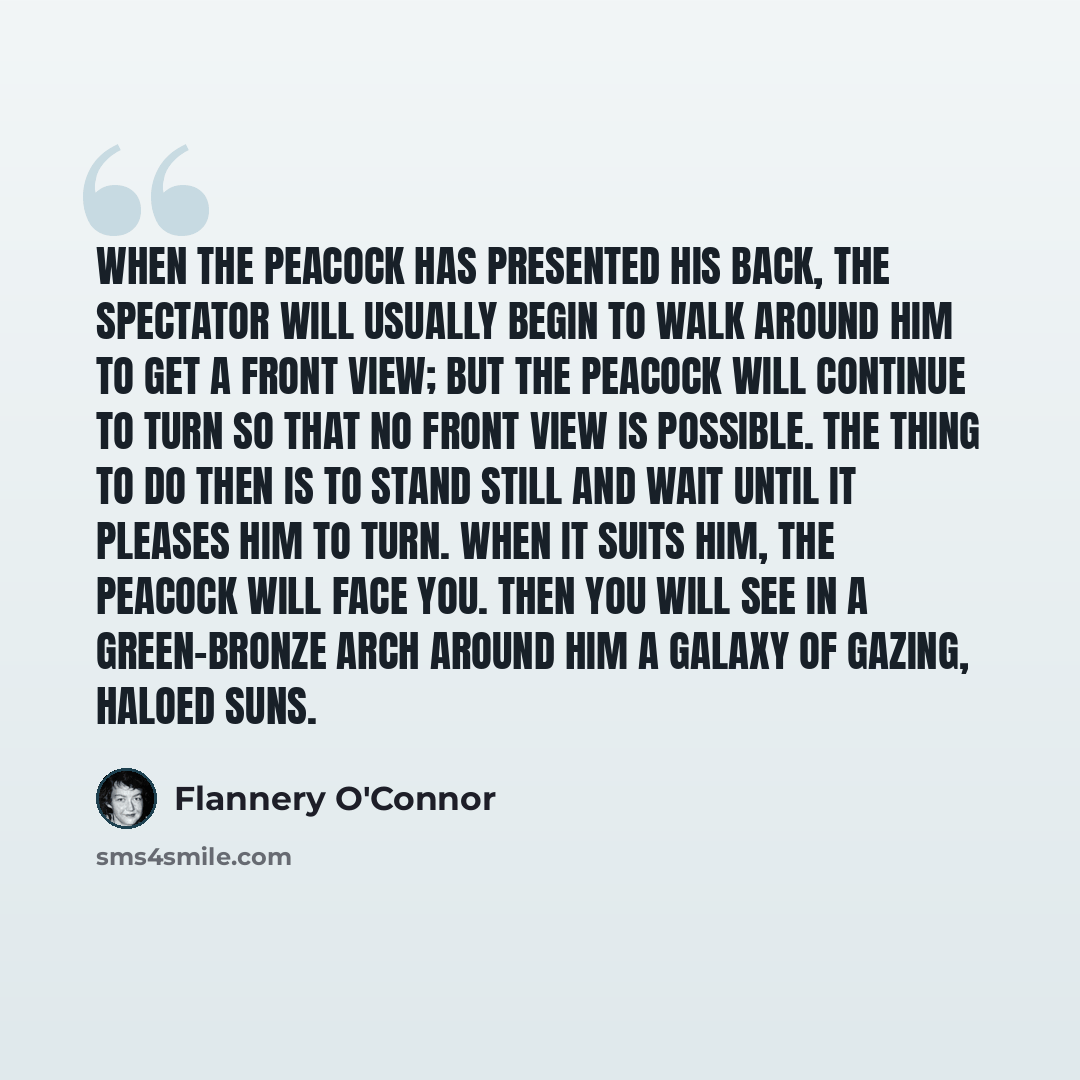 “When the peacock has presented his back, the spectator will usually begin to walk around him to get a front view; but the peacock will continue to turn so that no front view is possible. The thing to do then is to stand still and wait until it pleases him to turn. When it suits him, the peacock…” quote by Flannery O'Connor