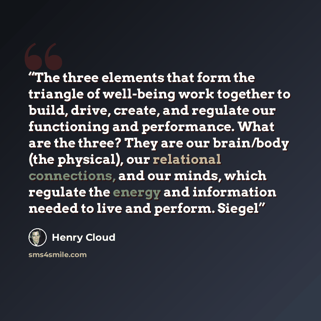 “The three elements that form the triangle of well-being work together to build, drive, create, and regulate our functioning and performance. What are the three? They are our brain/body (the physical), our relational connections, and our minds, which regulate the energy and information needed to…” quote by Henry Cloud