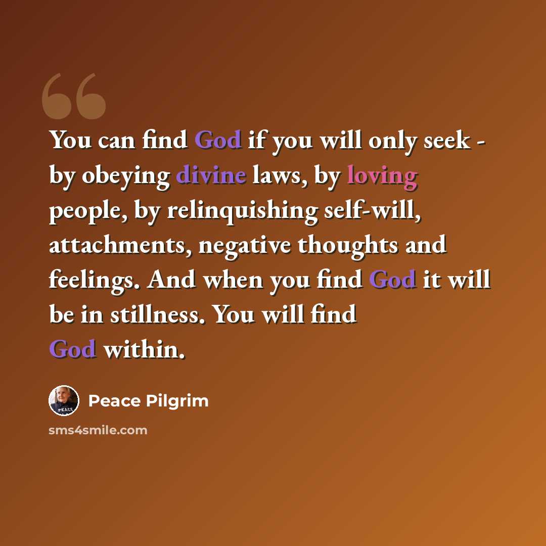 “You can find God if you will only seek - by obeying divine laws, by loving people, by relinquishing self-will, attachments, negative thoughts and feelings. And when you find God it will be in stillness. You will find God within.” quote by Peace Pilgrim