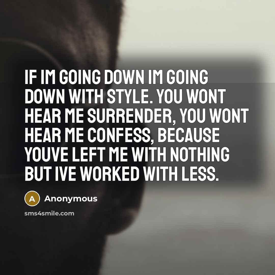 “If Im going down Im going down with style. You wont hear me surrender, you wont hear me confess, because youve left me with nothing but Ive worked with less.” quote by Anonymous