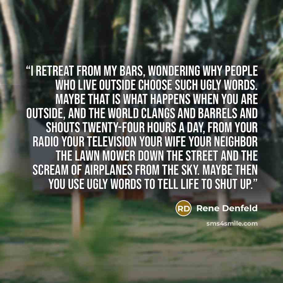 “I retreat from my bars, wondering why people who live outside choose such ugly words. Maybe that is what happens when you are outside, and the world clangs and barrels and shouts twenty-four hours a day, from your radio your television your wife your neighbor the lawn mower down the street and the…” quote by Rene Denfeld