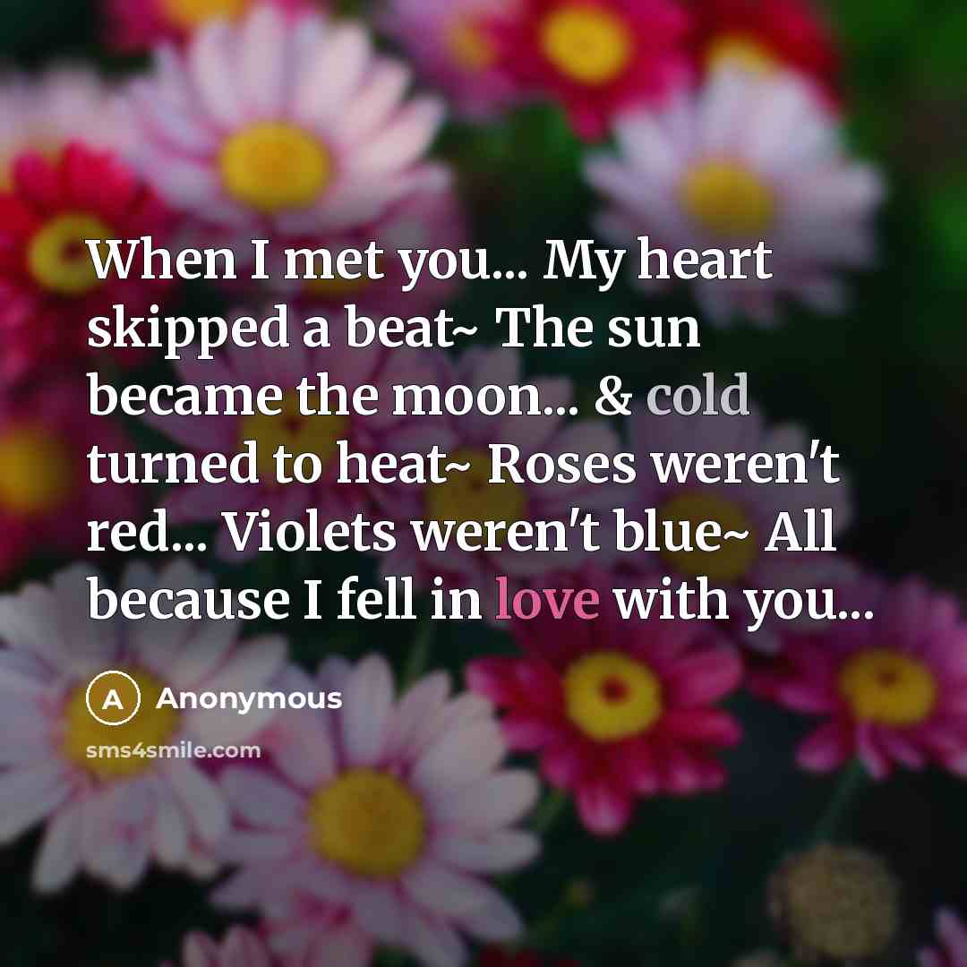 “When I met you... My heart skipped a beat~ The sun became the moon... & cold turned to heat~ Roses weren't red... Violets weren't blue~ All because I fell in love with you...” quote by Anonymous
