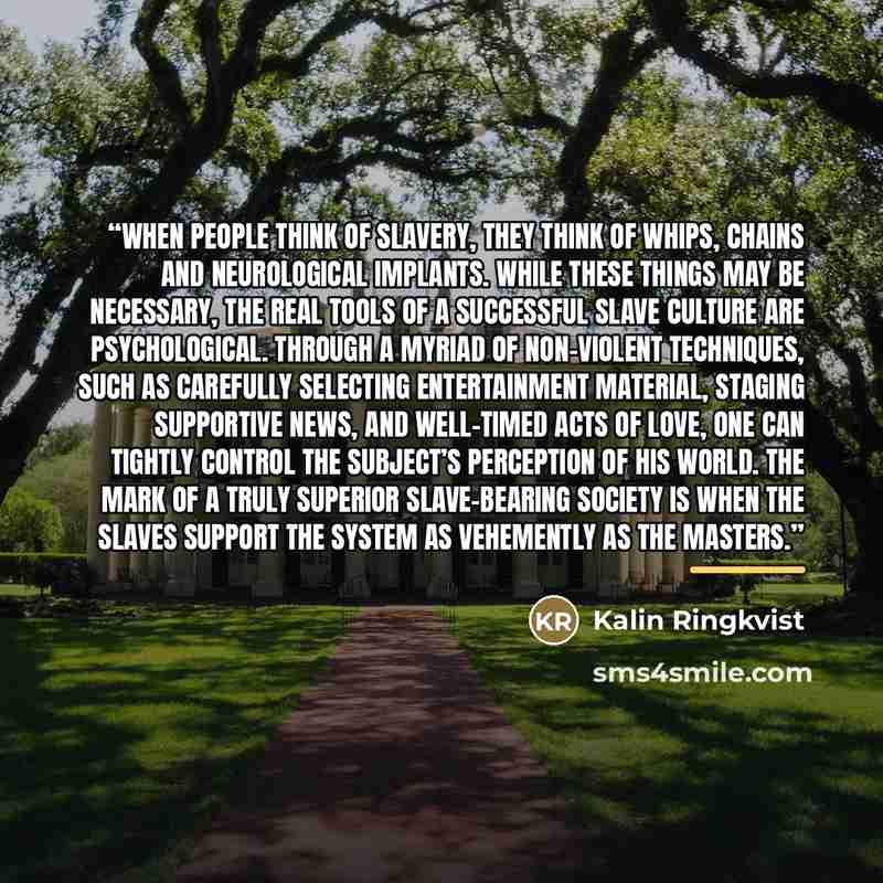 “When people think of slavery, they think of whips, chains and neurological implants. While these things may be necessary, the real tools of a successful slave culture are psychological. Through a myriad of non-violent techniques, such as carefully selecting entertainment material, staging…” quote by Kalin Ringkvist