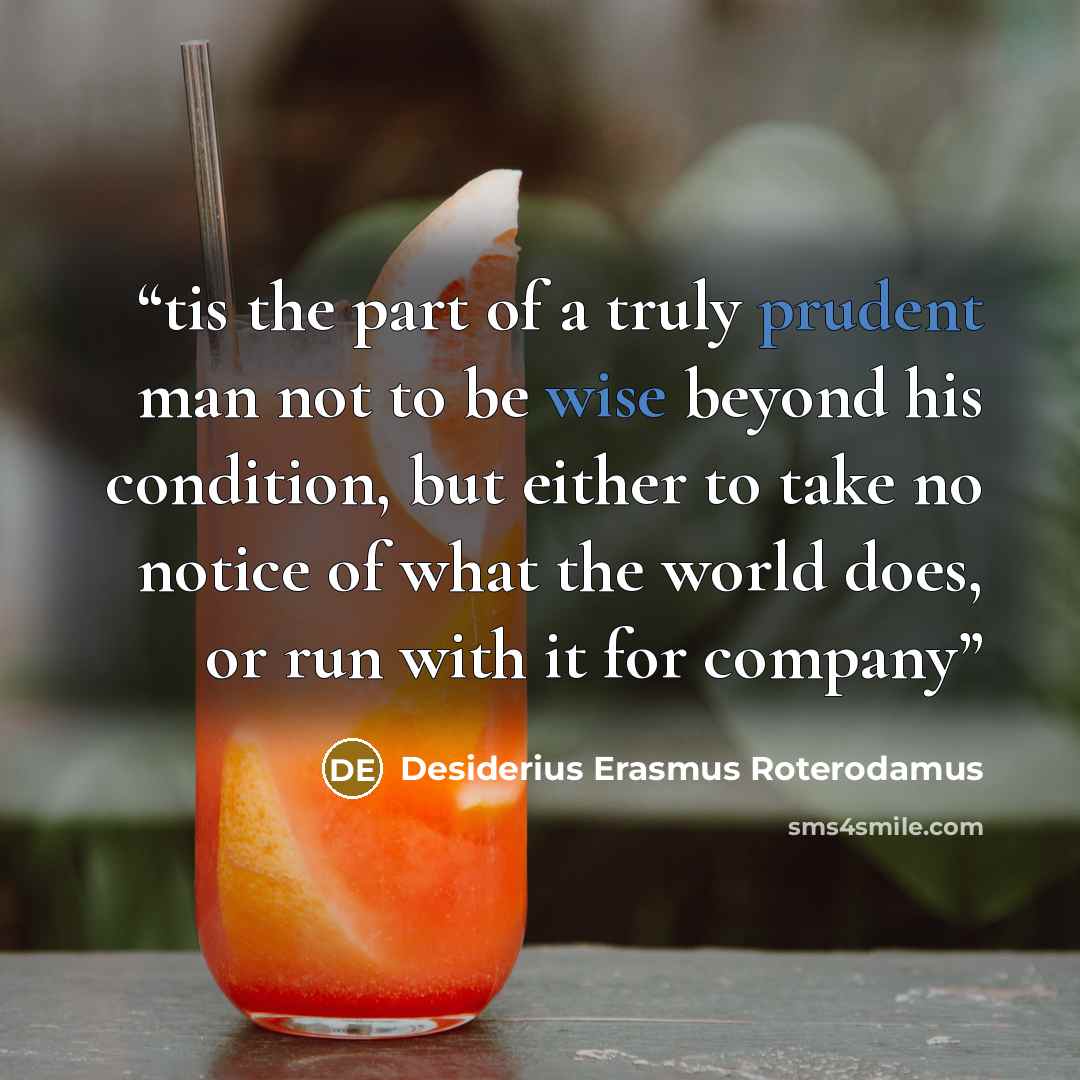 “tis the part of a truly prudent man not to be wise beyond his condition, but either to take no notice of what the world does, or run with it for company” quote by Desiderius Erasmus Roterodamus