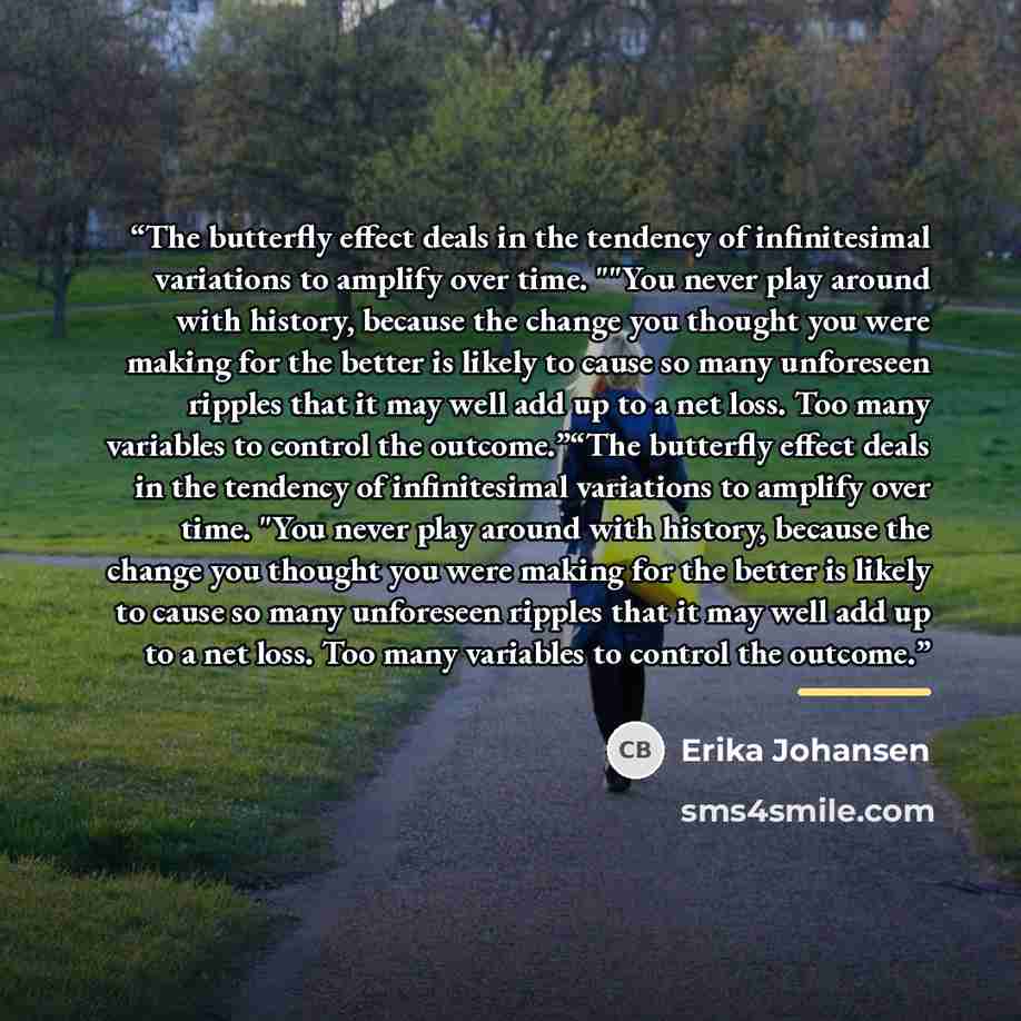 “The butterfly effect deals in the tendency of infinitesimal variations to amplify over time. ""You never play around with history, because the change you thought you were making for the better is likely to cause so many unforeseen ripples that it may well add up to a net loss. Too many variables…” quote by Erika johansen