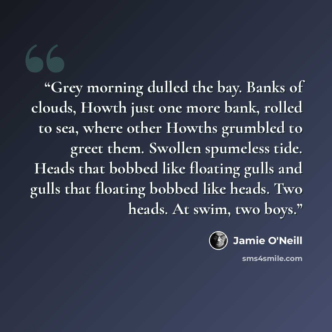 “Grey morning dulled the bay. Banks of clouds, Howth just one more bank, rolled to sea, where other Howths grumbled to greet them. Swollen spumeless tide. Heads that bobbed like floating gulls and gulls that floating bobbed like heads. Two heads. At swim, two boys.” quote by Jamie O'Neill