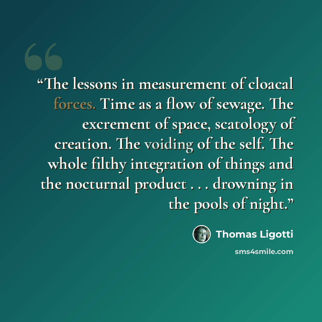 “The lessons in measurement of cloacal forces. Time as a flow of sewage. The excrement of space, scatology of creation. The voiding of the self. The whole filthy integration of things and the nocturnal product . . . drowning in the pools of night.” quote by Thomas Ligotti