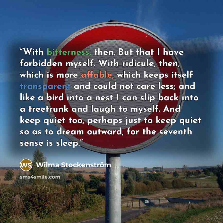 “With bitterness, then. But that I have forbidden myself. With ridicule, then, which is more affable, which keeps itself transparent and could not care less; and like a bird into a nest I can slip back into a treetrunk and laugh to myself. And keep quiet too, perhaps just to keep quiet so as to…” quote by Wilma Stockenström