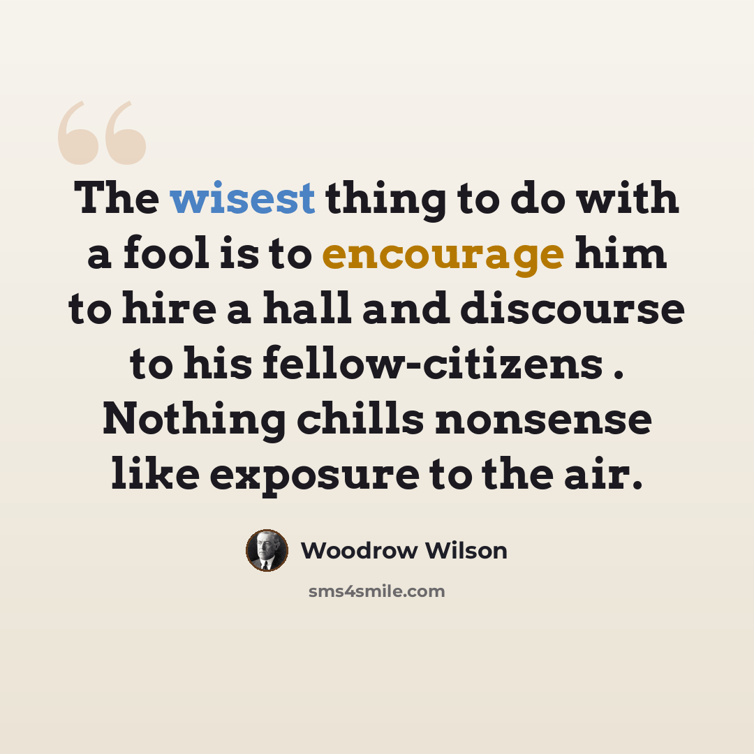 “The wisest thing to do with a fool is to encourage him to hire a hall and discourse to his fellow-citizens . Nothing chills nonsense like exposure to the air.” quote by Woodrow Wilson