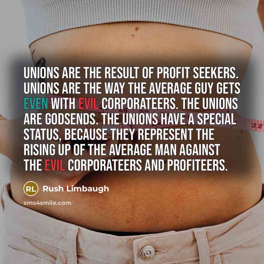 “Unions are the result of profit seekers. Unions are the way the average guy gets even with evil corporateers. The unions are godsends. The unions have a special status, because they represent the rising up of the average man against the evil corporateers and profiteers.” quote by Rush Limbaugh