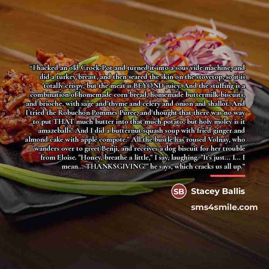 “I hacked an old Crock-Pot and turned it into a sous vide machine, and did a turkey breast, and then seared the skin on the stovetop, so it is totally crispy, but the meat is BEYOND juicy. And the stuffing is a combination of homemade corn bread, homemade buttermilk biscuits, and brioche, with sage…” quote by Stacey Ballis