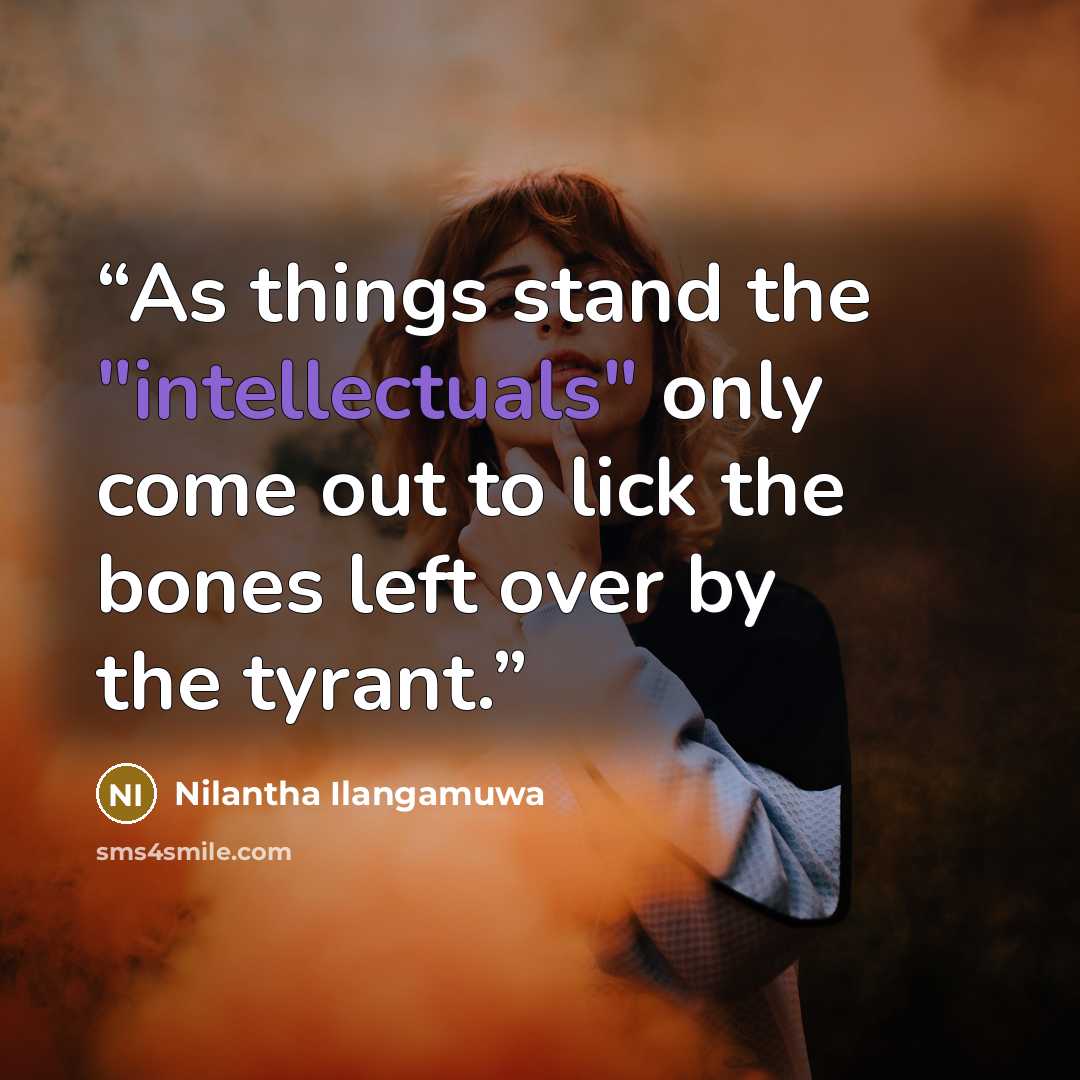 “As things stand the "intellectuals" only come out to lick the bones left over by the tyrant.” quote by Nilantha Ilangamuwa