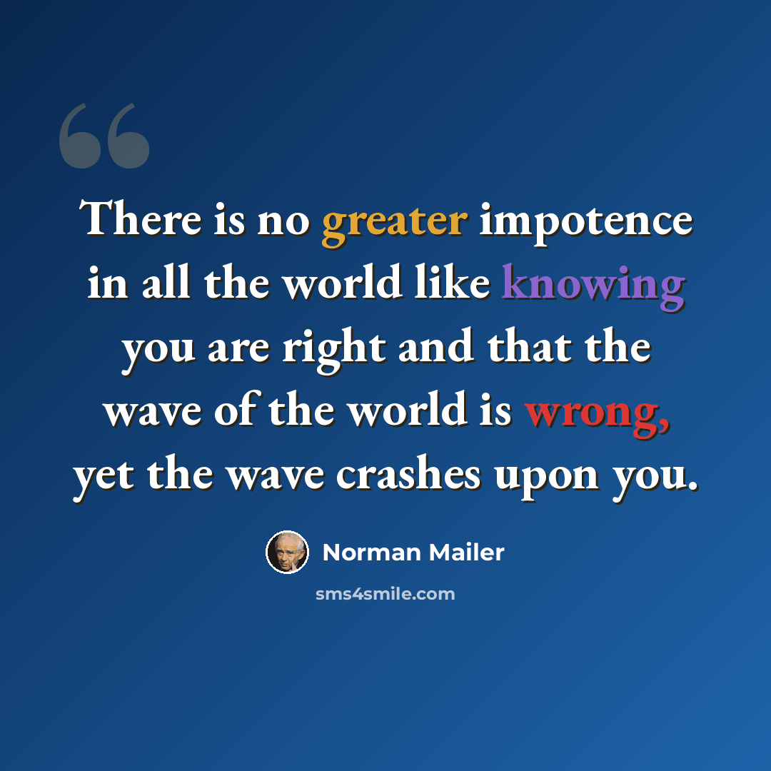 “There is no greater impotence in all the world like knowing you are right and that the wave of the world is wrong, yet the wave crashes upon you.” quote by Norman Mailer