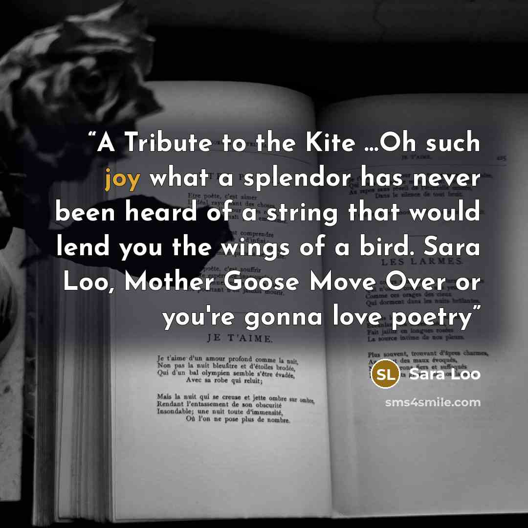 “A Tribute to the Kite …Oh such joy what a splendor has never been heard of a string that would lend you the wings of a bird. Sara Loo, Mother Goose Move Over or you're gonna love poetry” quote by Sara Loo
