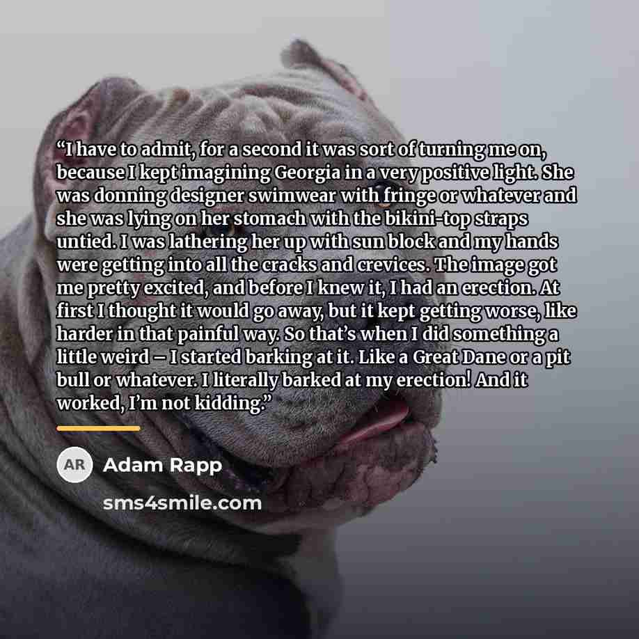 “I have to admit, for a second it was sort of turning me on, because I kept imagining Georgia in a very positive light. She was donning designer swimwear with fringe or whatever and she was lying on her stomach with the bikini-top straps untied. I was lathering her up with sun block and my hands…” quote by Adam Rapp
