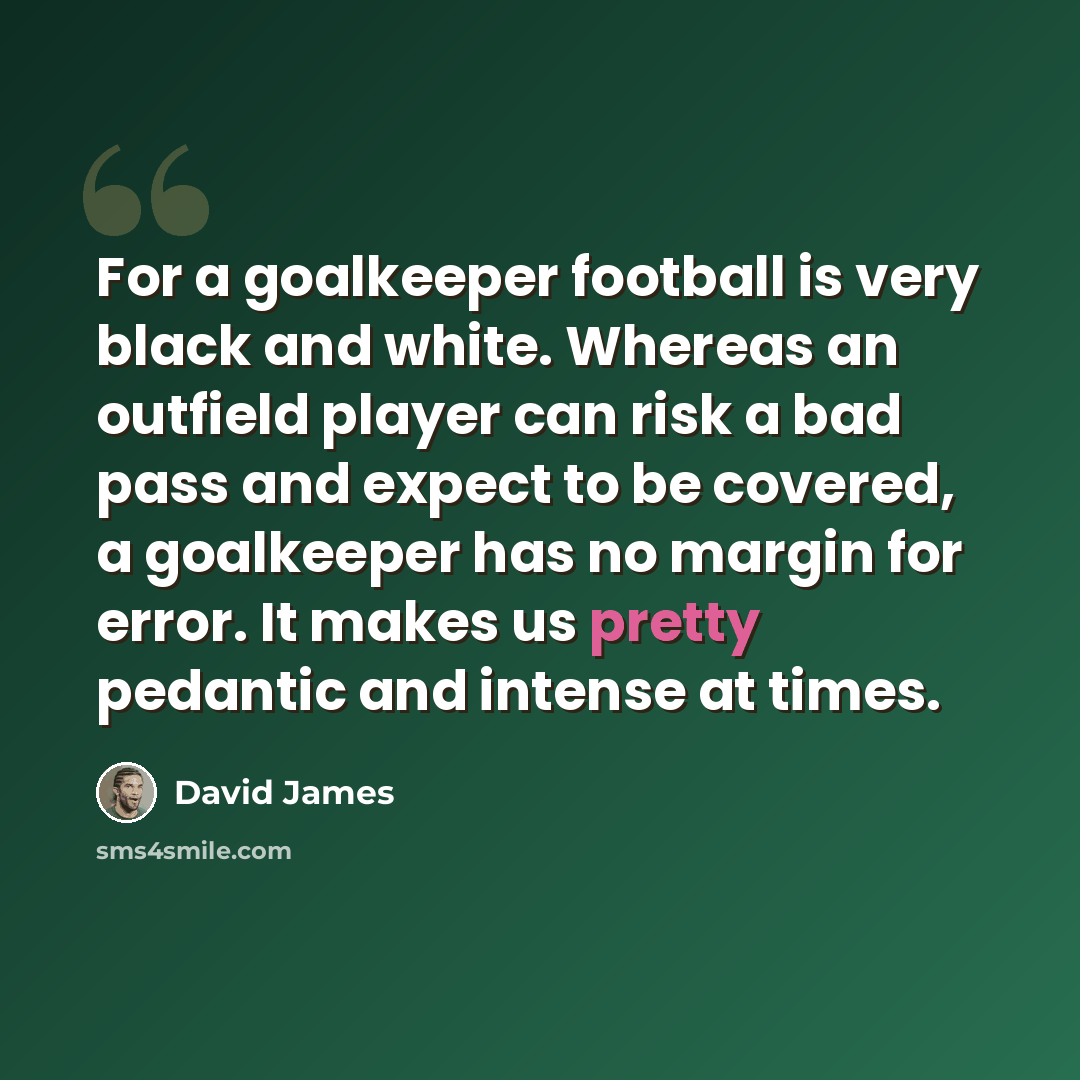 “For a goalkeeper football is very black and white. Whereas an outfield player can risk a bad pass and expect to be covered, a goalkeeper has no margin for error. It makes us pretty pedantic and intense at times.” quote by David James