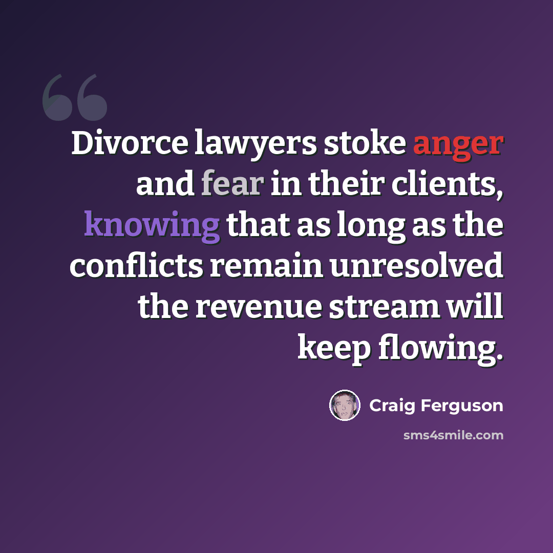 “Divorce lawyers stoke anger and fear in their clients, knowing that as long as the conflicts remain unresolved the revenue stream will keep flowing.” quote by Craig Ferguson