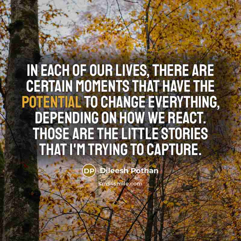 “In each of our lives, there are certain moments that have the potential to change everything, depending on how we react. Those are the little stories that I'm trying to capture.” quote by Dileesh Pothan
