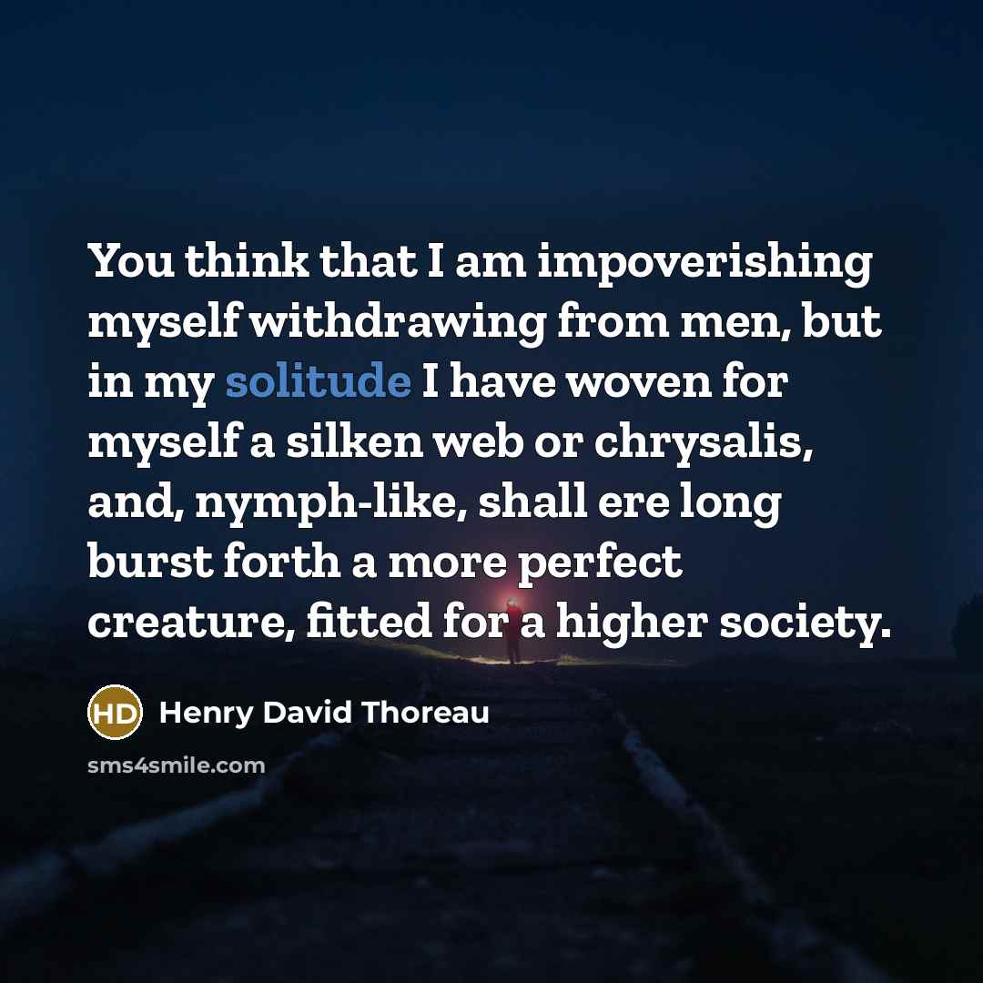 “You think that I am impoverishing myself withdrawing from men, but in my solitude I have woven for myself a silken web or chrysalis, and, nymph-like, shall ere long burst forth a more perfect creature, fitted for a higher society.” quote by Henry David Thoreau