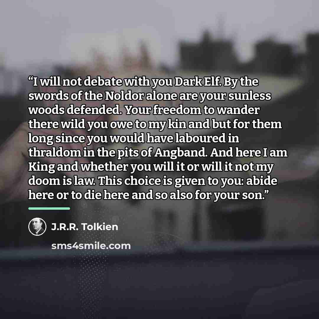 “I will not debate with you Dark Elf. By the swords of the Noldor alone are your sunless woods defended. Your freedom to wander there wild you owe to my kin and but for them long since you would have laboured in thraldom in the pits of Angband. And here I am King and whether you will it or will it…” quote by J.R.R. Tolkien
