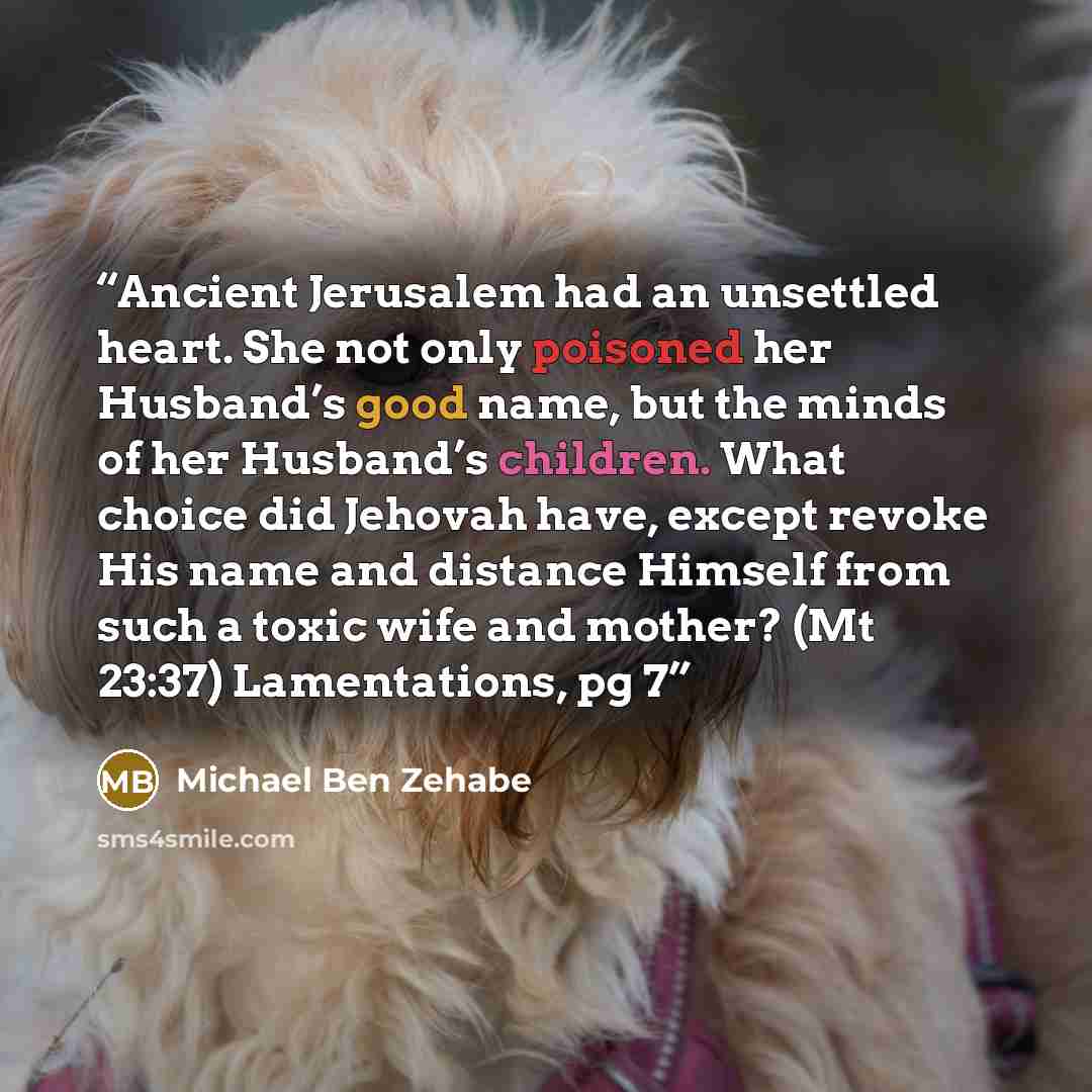 “Ancient Jerusalem had an unsettled heart. She not only poisoned her Husband’s good name, but the minds of her Husband’s children. What choice did Jehovah have, except revoke His name and distance Himself from such a toxic wife and mother? (Mt 23:37) Lamentations, pg 7” quote by Michael Ben Zehabe