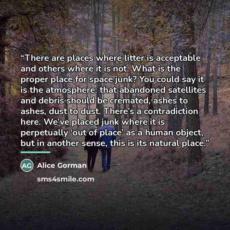 “There are places where litter is acceptable and others where it is not. What is the proper place for space junk? You could say it is the atmosphere: that abandoned satellites and debris should be cremated, ashes to ashes, dust to dust. There’s a contradiction here. We’ve placed junk where it is…” quote by Alice Gorman