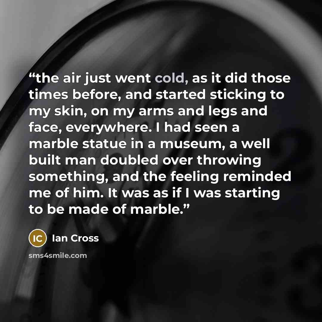 “the air just went cold, as it did those times before, and started sticking to my skin, on my arms and legs and face, everywhere. I had seen a marble statue in a museum, a well built man doubled over throwing something, and the feeling reminded me of him. It was as if I was starting to be made of…” quote by Ian Cross