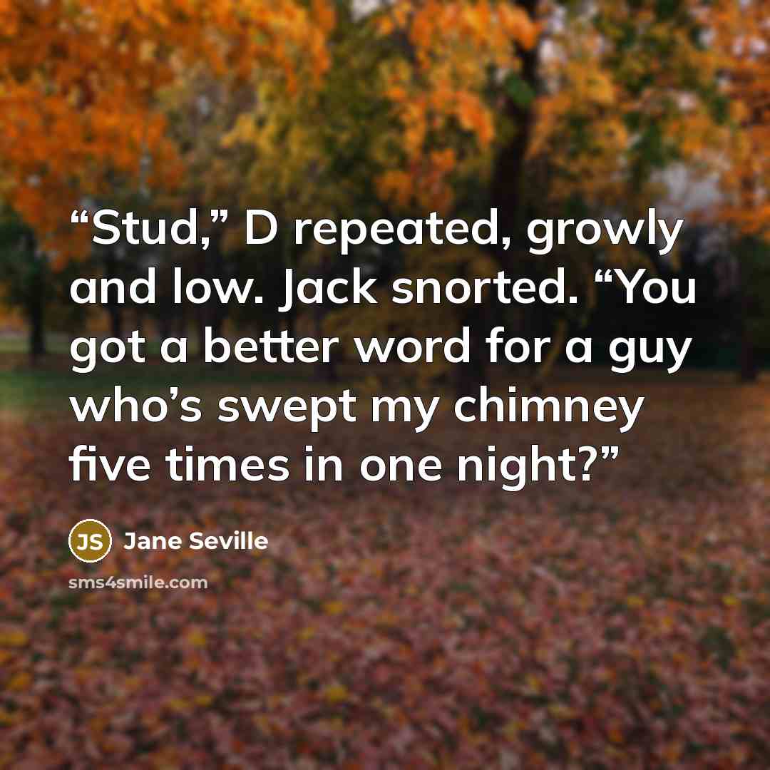 “Stud,” D repeated, growly and low. Jack snorted. “You got a better word for a guy who’s swept my chimney five times in one night?” quote by Jane Seville