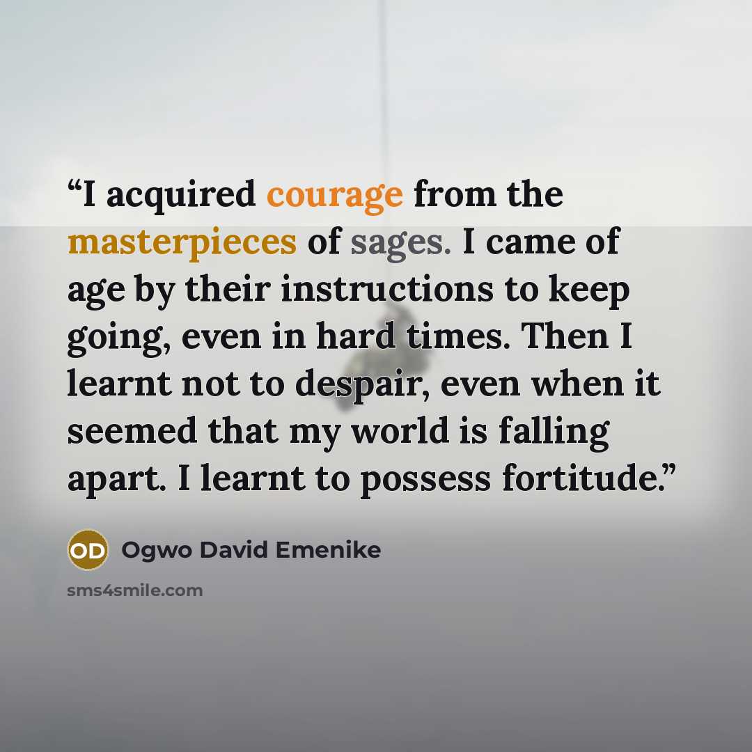 “I acquired courage from the masterpieces of sages. I came of age by their instructions to keep going, even in hard times. Then I learnt not to despair, even when it seemed that my world is falling apart. I learnt to possess fortitude.” quote by Ogwo David Emenike
