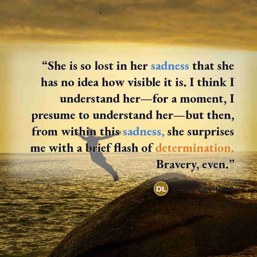 “She is so lost in her sadness that she has no idea how visible it is. I think I understand her—for a moment, I presume to understand her—but then, from within this sadness, she surprises me with a brief flash of determination. Bravery, even.” quote by David Levithan