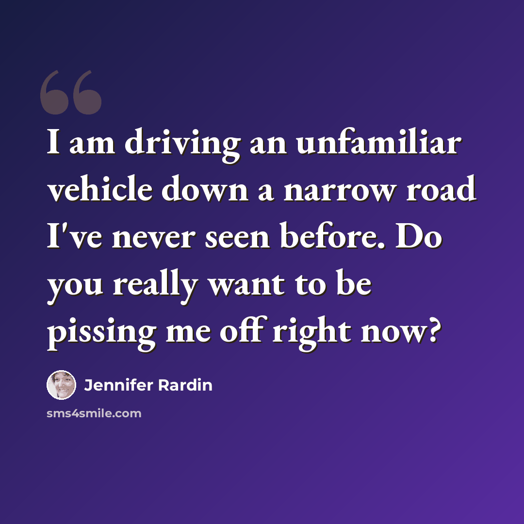 “I am driving an unfamiliar vehicle down a narrow road I've never seen before. Do you really want to be pissing me off right now?” quote by Jennifer Rardin