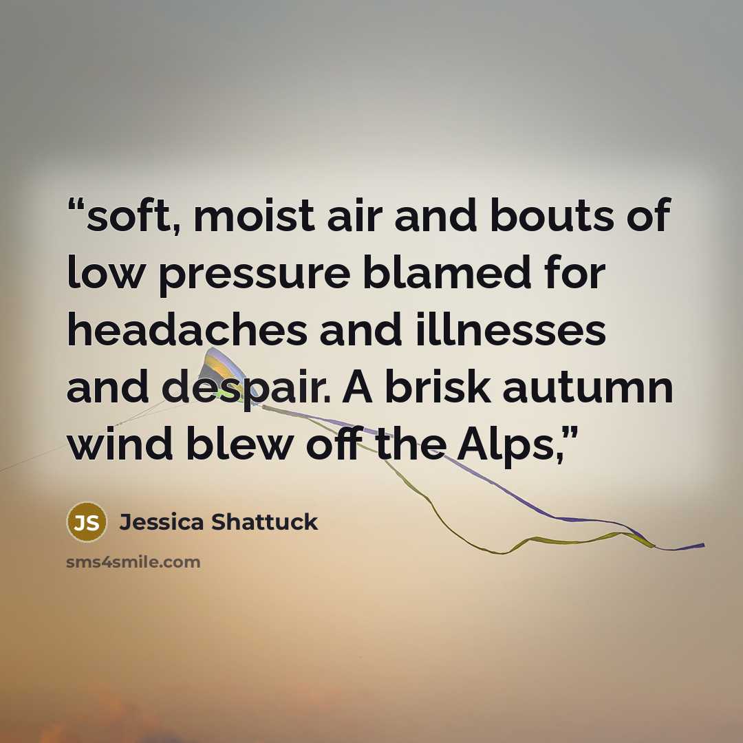 “soft, moist air and bouts of low pressure blamed for headaches and illnesses and despair. A brisk autumn wind blew off the Alps,” quote by Jessica Shattuck