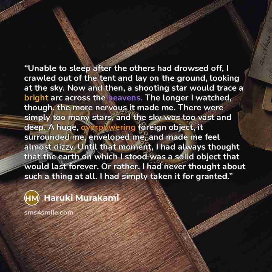 “Unable to sleep after the others had drowsed off, I crawled out of the tent and lay on the ground, looking at the sky. Now and then, a shooting star would trace a bright arc across the heavens. The longer I watched, though, the more nervous it made me. There were simply too many stars, and the sky…” quote by Haruki Murakami