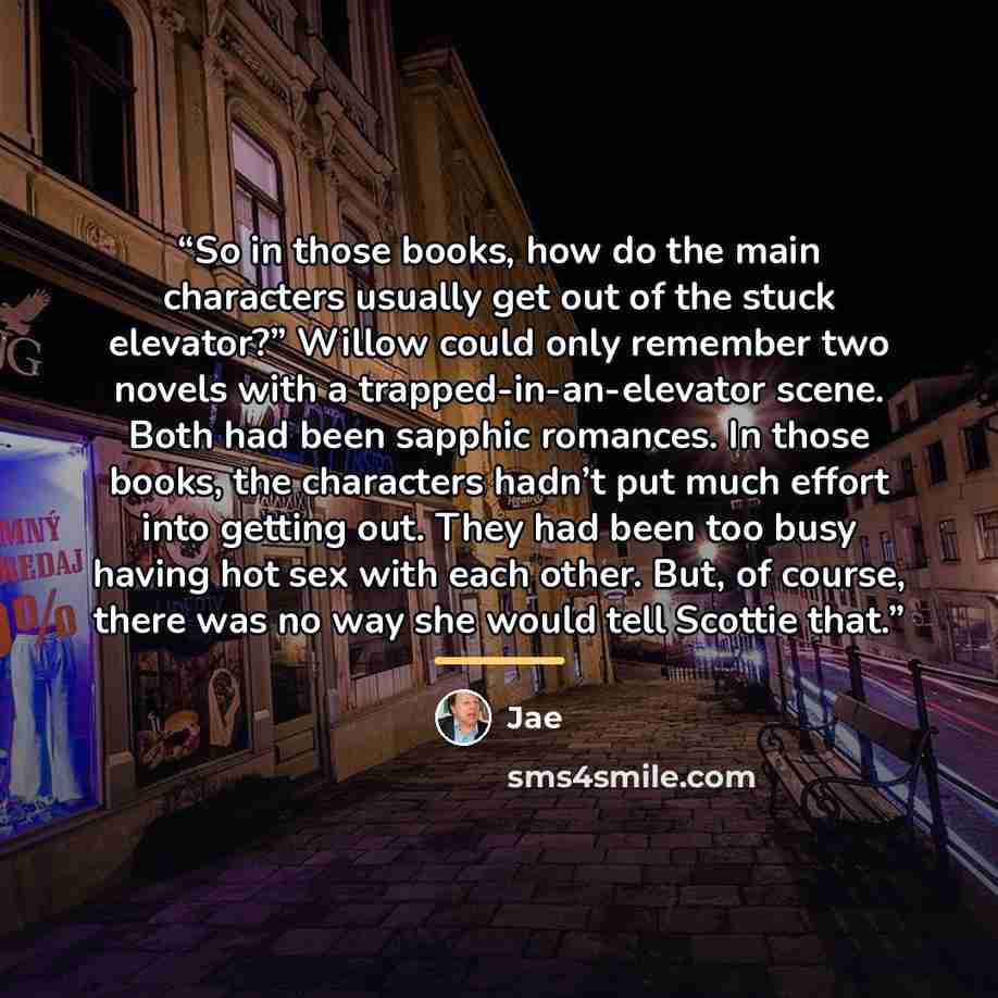 “So in those books, how do the main characters usually get out of the stuck elevator?” Willow could only remember two novels with a trapped-in-an-elevator scene. Both had been sapphic romances. In those books, the characters hadn’t put much effort into getting out. They had been too busy having hot…” quote by Jae
