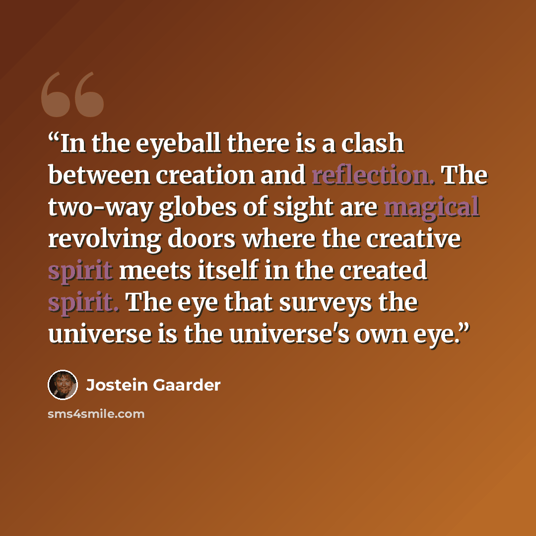 “In the eyeball there is a clash between creation and reflection. The two-way globes of sight are magical revolving doors where the creative spirit meets itself in the created spirit. The eye that surveys the universe is the universe's own eye.” quote by Jostein Gaarder