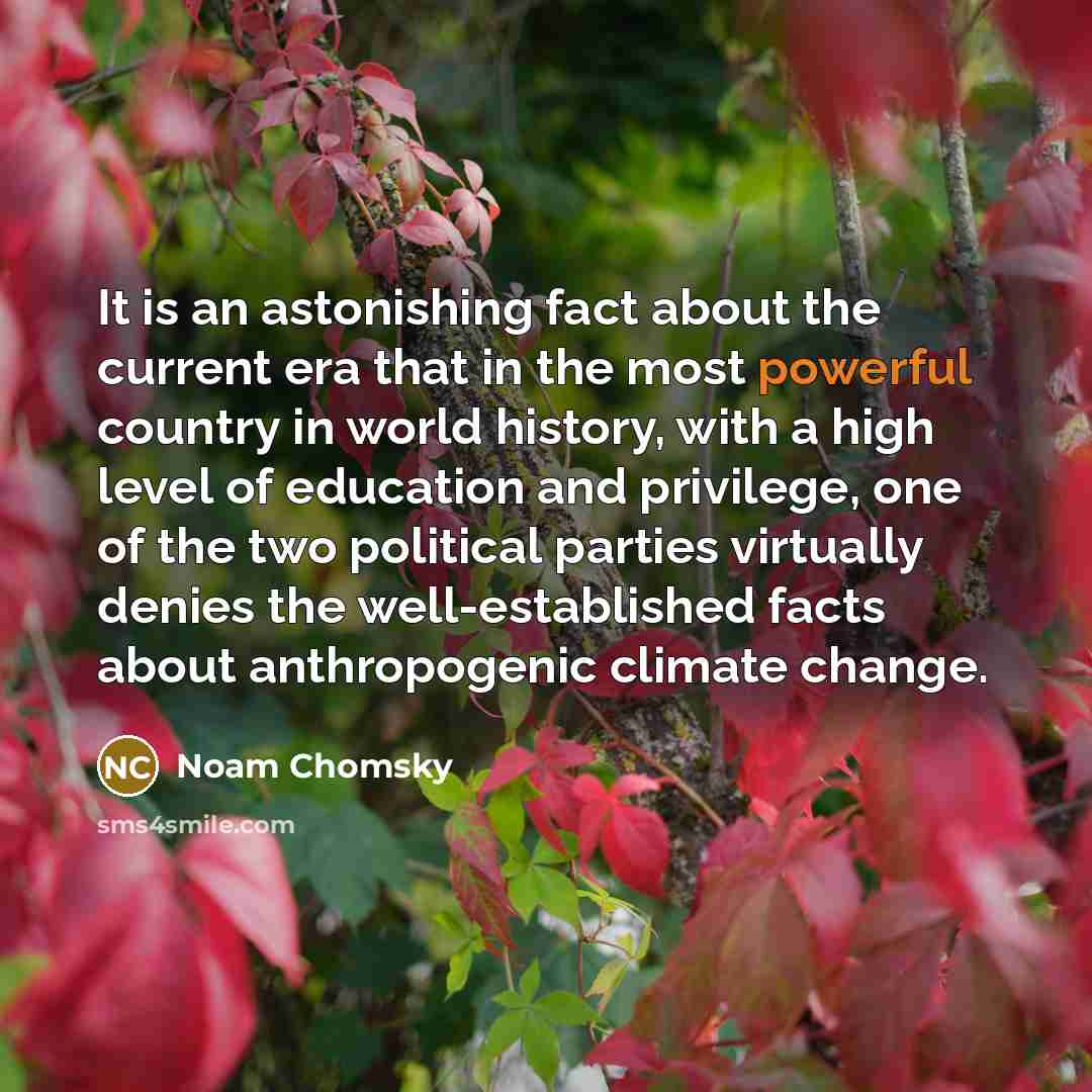 “It is an astonishing fact about the current era that in the most powerful country in world history, with a high level of education and privilege, one of the two political parties virtually denies the well-established facts about anthropogenic climate change.” quote by Noam Chomsky
