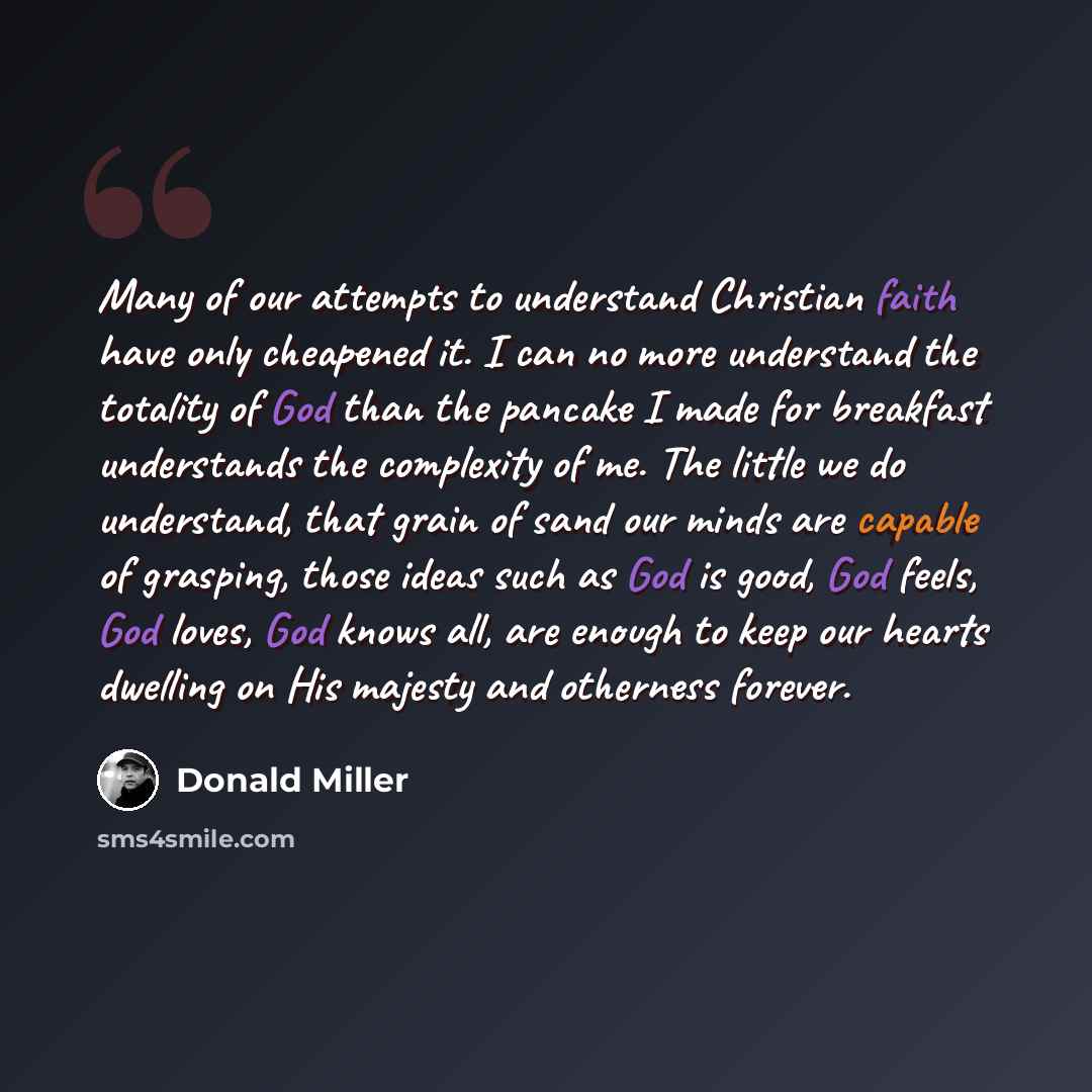 “Many of our attempts to understand Christian faith have only cheapened it. I can no more understand the totality of God than the pancake I made for breakfast understands the complexity of me. The little we do understand, that grain of sand our minds are capable of grasping, those ideas such as God…” quote by Donald Miller
