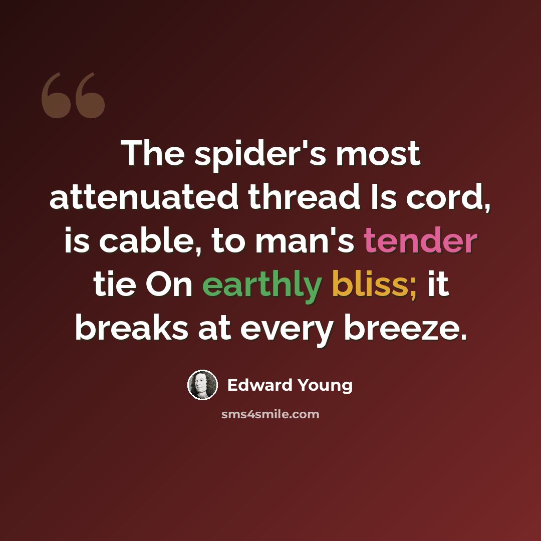 “The spider's most attenuated thread Is cord, is cable, to man's tender tie On earthly bliss; it breaks at every breeze.” quote by Edward Young