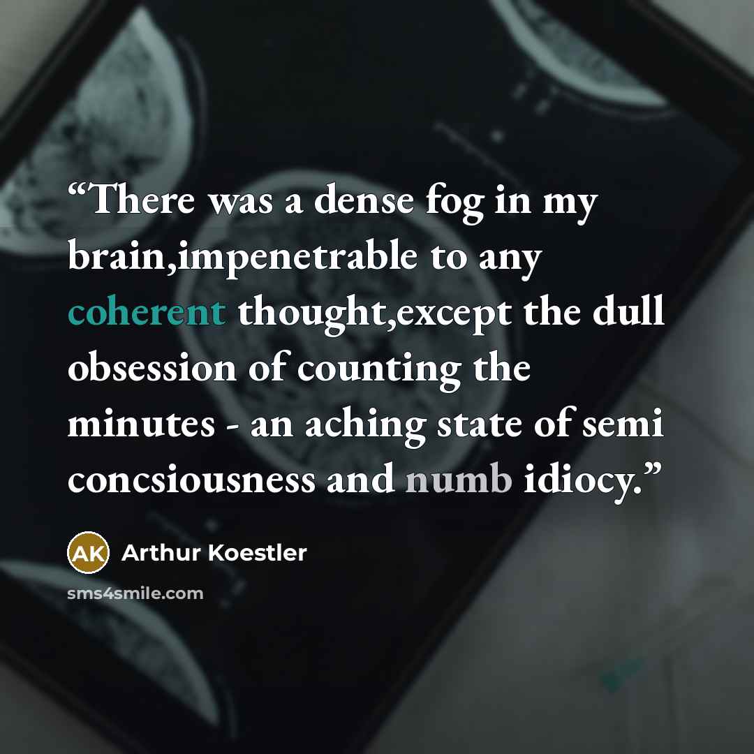 “There was a dense fog in my brain,impenetrable to any coherent thought,except the dull obsession of counting the minutes - an aching state of semi concsiousness and numb idiocy.” quote by Arthur Koestler