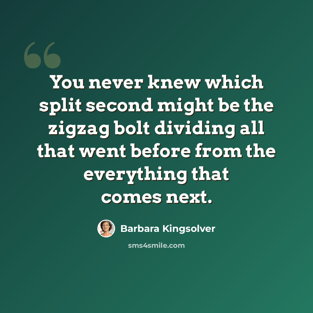 “You never knew which split second might be the zigzag bolt dividing all that went before from the everything that comes next.” quote by Barbara Kingsolver