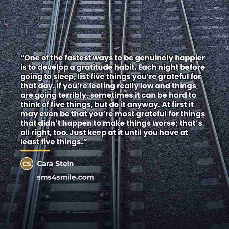 “One of the fastest ways to be genuinely happier is to develop a gratitude habit. Each night before going to sleep, list five things you’re grateful for that day. If you’re feeling really low and things are going terribly, sometimes it can be hard to think of five things, but do it anyway. At first…” quote by Cara Stein