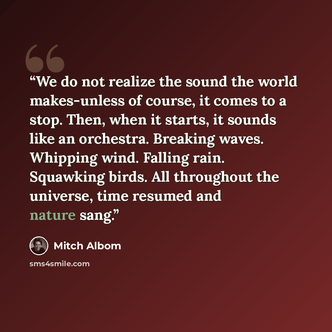 “We do not realize the sound the world makes-unless of course, it comes to a stop. Then, when it starts, it sounds like an orchestra. Breaking waves. Whipping wind. Falling rain. Squawking birds. All throughout the universe, time resumed and nature sang.” quote by Mitch Albom