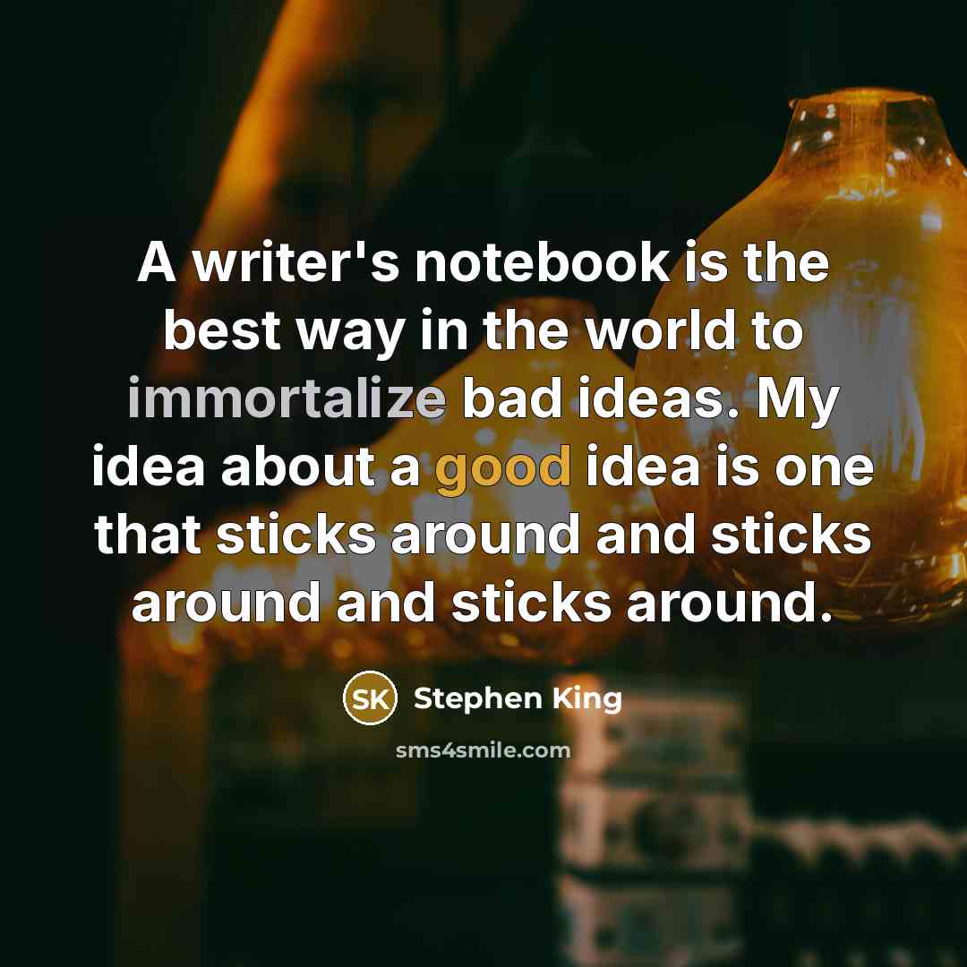 “A writer's notebook is the best way in the world to immortalize bad ideas. My idea about a good idea is one that sticks around and sticks around and sticks around.” quote by Stephen King