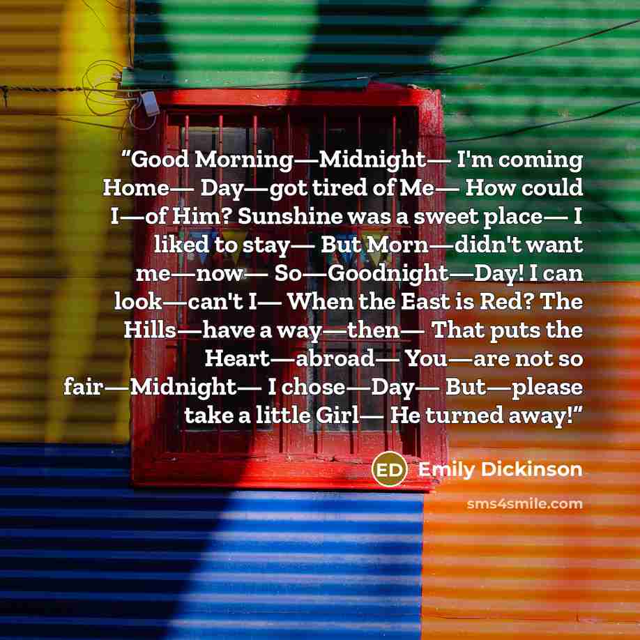 “Good Morning—Midnight— I'm coming Home— Day—got tired of Me— How could I—of Him? Sunshine was a sweet place— I liked to stay— But Morn—didn't want me—now— So—Goodnight—Day! I can look—can't I— When the East is Red? The Hills—have a way—then— That puts the Heart—abroad— You—are not so…” quote by Emily Dickinson