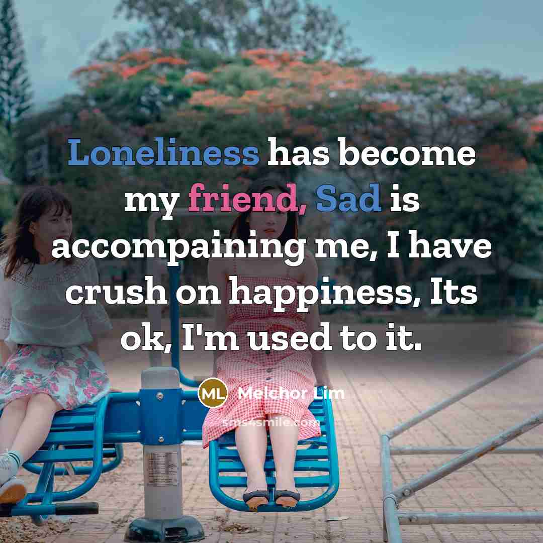 “Loneliness has become my friend, Sad is accompaining me, I have crush on happiness, Its ok, I'm used to it.” quote by Melchor Lim