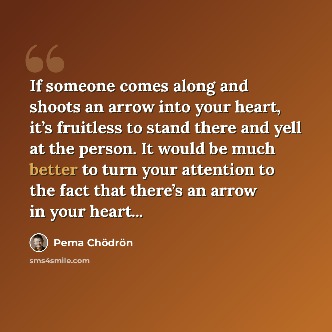“If someone comes along and shoots an arrow into your heart, it’s fruitless to stand there and yell at the person. It would be much better to turn your attention to the fact that there’s an arrow in your heart...” quote by Pema Chodron