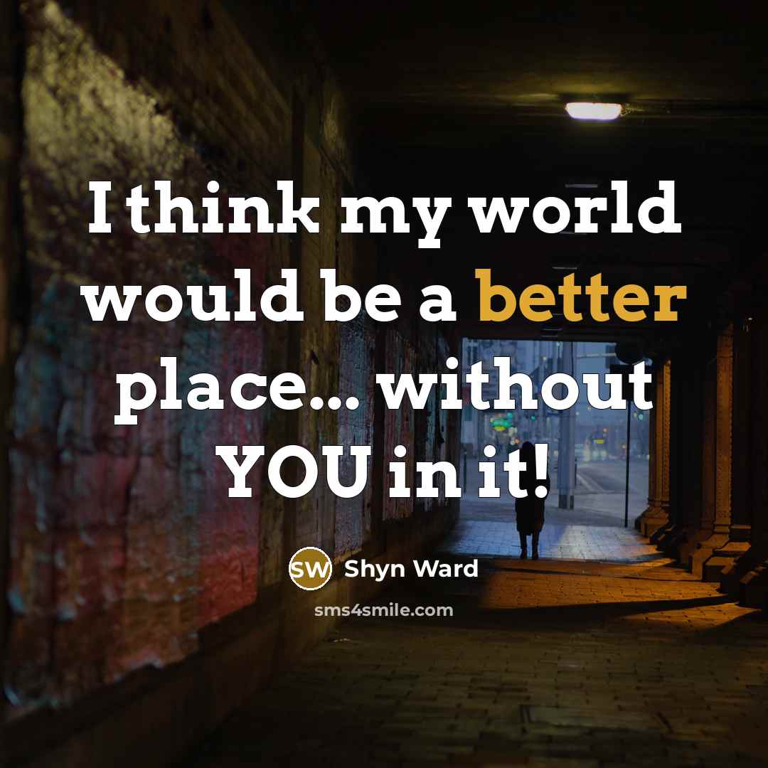 “I think my world would be a better place... without YOU in it!” quote by Shyn Ward