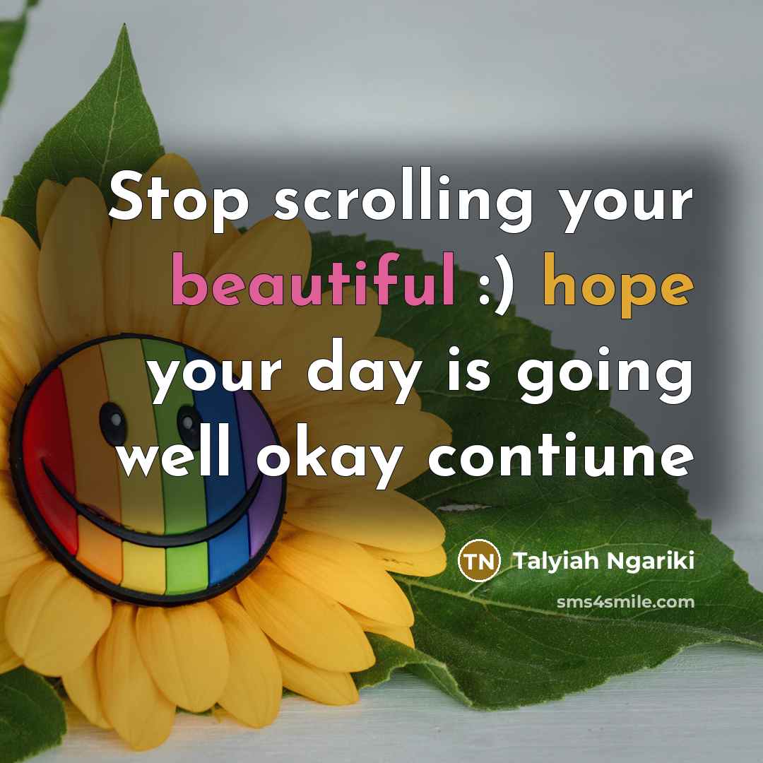 “Stop scrolling your beautiful :) hope your day is going well okay contiune” quote by Talyiah Ngariki