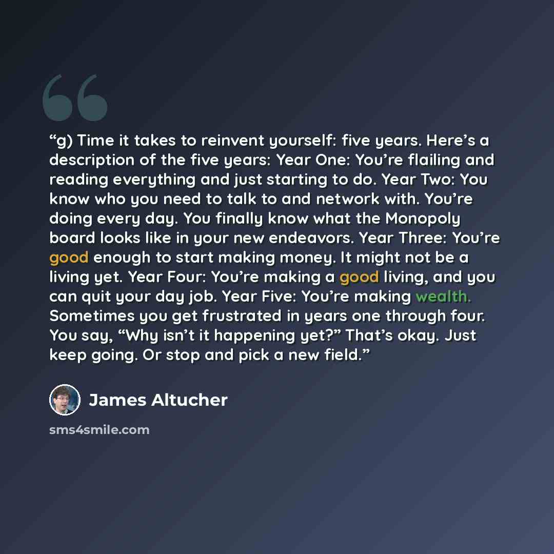 “g) Time it takes to reinvent yourself: five years. Here’s a description of the five years: Year One: You’re flailing and reading everything and just starting to do. Year Two: You know who you need to talk to and network with. You’re doing every day. You finally know what the Monopoly board looks…” quote by James Altucher