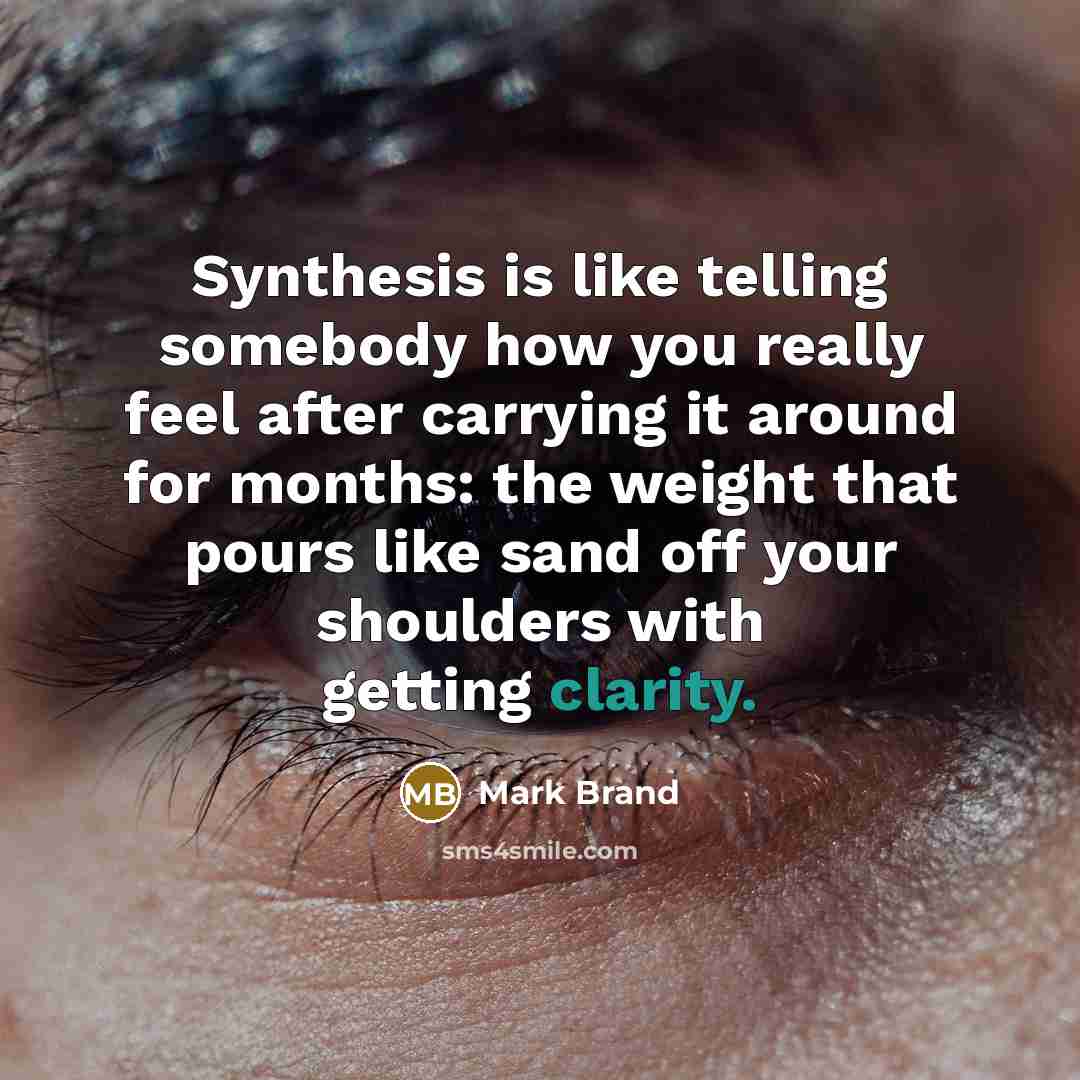 “Synthesis is like telling somebody how you really feel after carrying it around for months: the weight that pours like sand off your shoulders with getting clarity.” quote by Mark Brand
